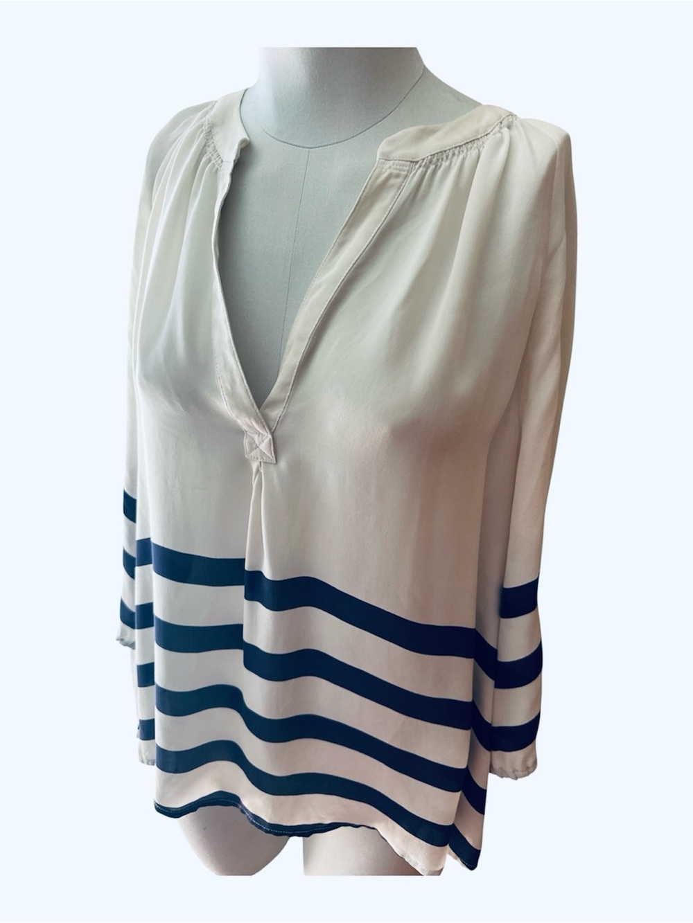 Joie 100% Silk /sheer Cream Blouse with Navy Horizontal Stripes/ SZ LG